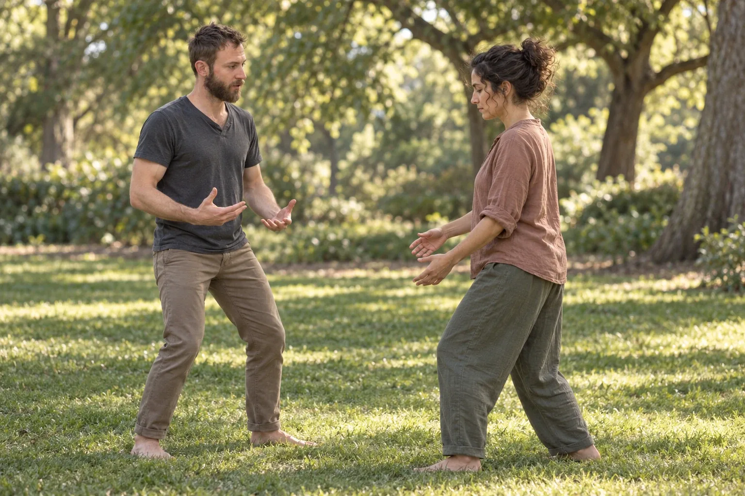 John and a woman stand facing each other on a sunlit lawn under trees, hands open, moving together.