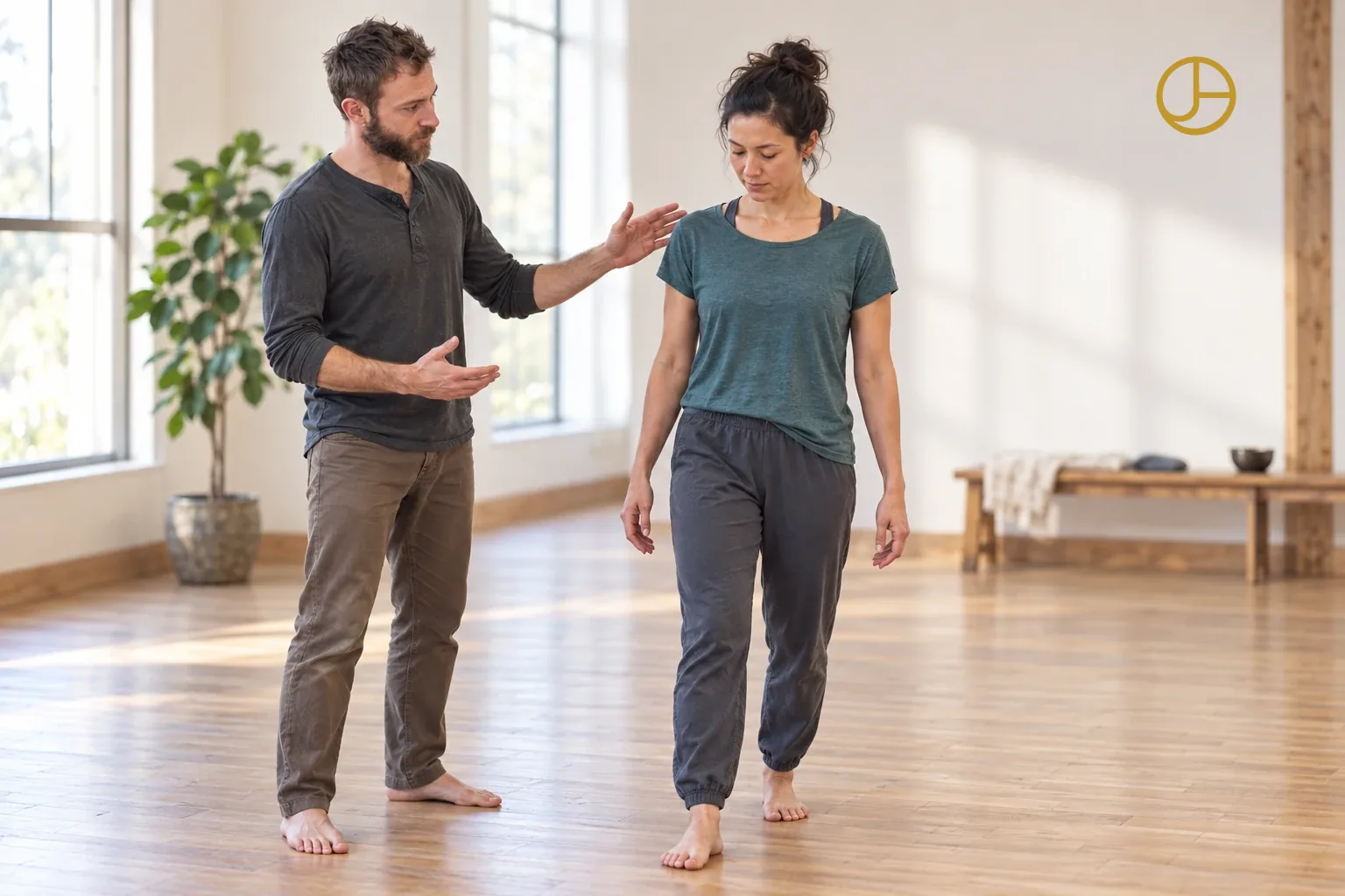 John walks beside a woman across a sunlit studio, one hand near her shoulder, as she looks down and notices her steps.
